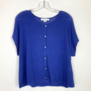 August Silk Women's Cropped Cardigan Size S Blue Linen Blend Silver Rose Buttons